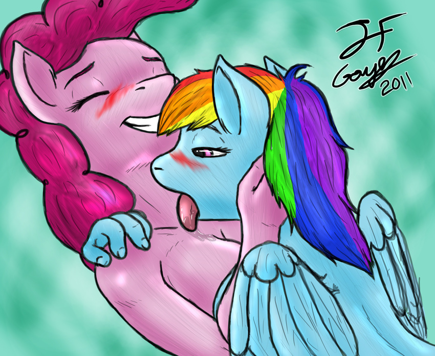 anthro anthrofied blue blue_background blue_body blue_feathers blush breasts equine eyes_closed female friendship_is_magic fur grin hair half-closed_eyes horse jf_goyez lesbian licking mammal multi-colored_hair my_little_pony nude pegasus pink pink_body pink_eyes pink_fur pink_hair pinkie_pie_(mlp) plain_background pony rainbow_dash_(mlp) rainbow_hair signature tongue wings