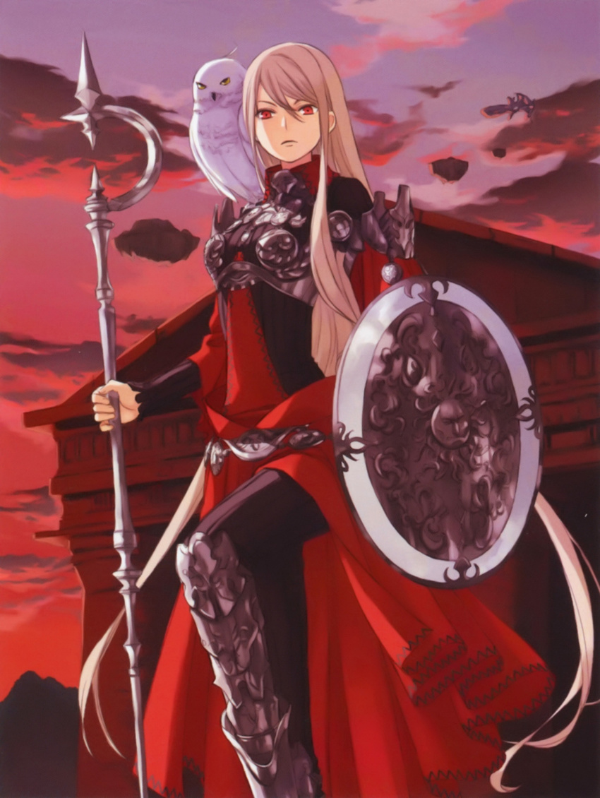 absurdres aircraft airship albino animal animal_on_shoulder armor armored_dress bird bird_on_shoulder breastplate cloud dress greaves highres kaya8 long_hair original owl red red_dress red_eyes shield silver_hair skirt sky solo staff sunset very_long_hair
