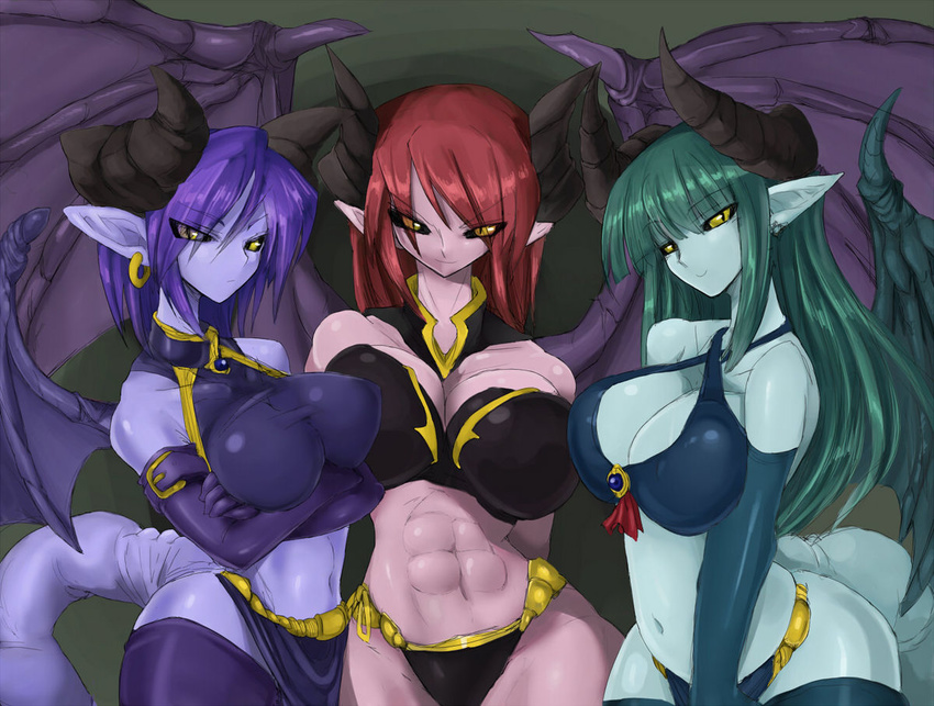 3girls black_sclera blue_hair blue_skin breasts cleavage demon_girl demon_horns demon_tail demon_wings green_hair green_skin horns kyuusui_gakari multiple_girls pointy_ears purple_skin red_skin tail wings