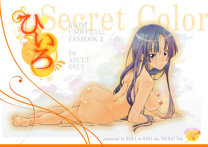 akiyama_mio ass back barefoot breasts cover cover_page doujin_cover doujinshi face feet highres k-on! long_hair lying medium_breasts nipples nude on_side solo tsukai_yowo