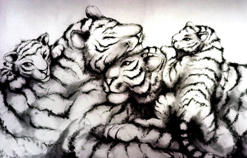 flock highres lolita_majin monochrome new_year no_humans original tiger tiger_cub tigress white_tiger