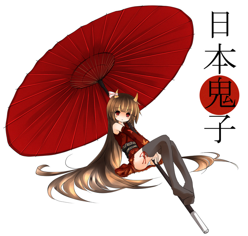 absurdres araraaaa black_legwear brown_hair colorized detached_sleeves highres hinomoto_oniko horns japanese_clothes kimono long_hair mikuma_folgore oriental_umbrella original panties parted_lips red_eyes short_kimono solo thighhighs umbrella underwear very_long_hair