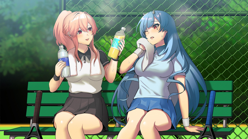 2girls 364ing01 absurdres azur_lane bench black_skirt blue_hair blue_shirt blue_skirt blush bottle breasts chain-link_fence clemenceau_(azur_lane) drink fence highres holding holding_bottle holding_drink large_breasts long_hair looking_at_another looking_to_the_side marco_polo_(azur_lane) multiple_girls on_bench orange_hair outdoors polo_shirt racket red_eyes second-party_source shirt sitting skirt sweat tennis_racket tongue tongue_out water_bottle white_shirt