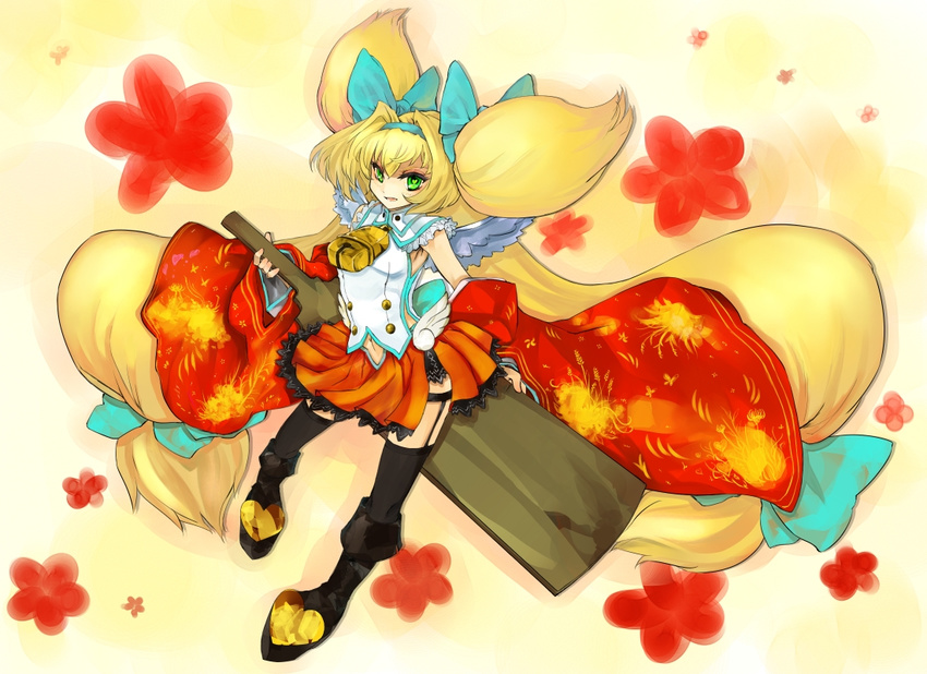 bell blazblue blonde_hair gond green_eyes heart heart-shaped_pupils long_hair low-tied_long_hair platinum_the_trinity quad_tails skirt solo symbol-shaped_pupils thighhighs