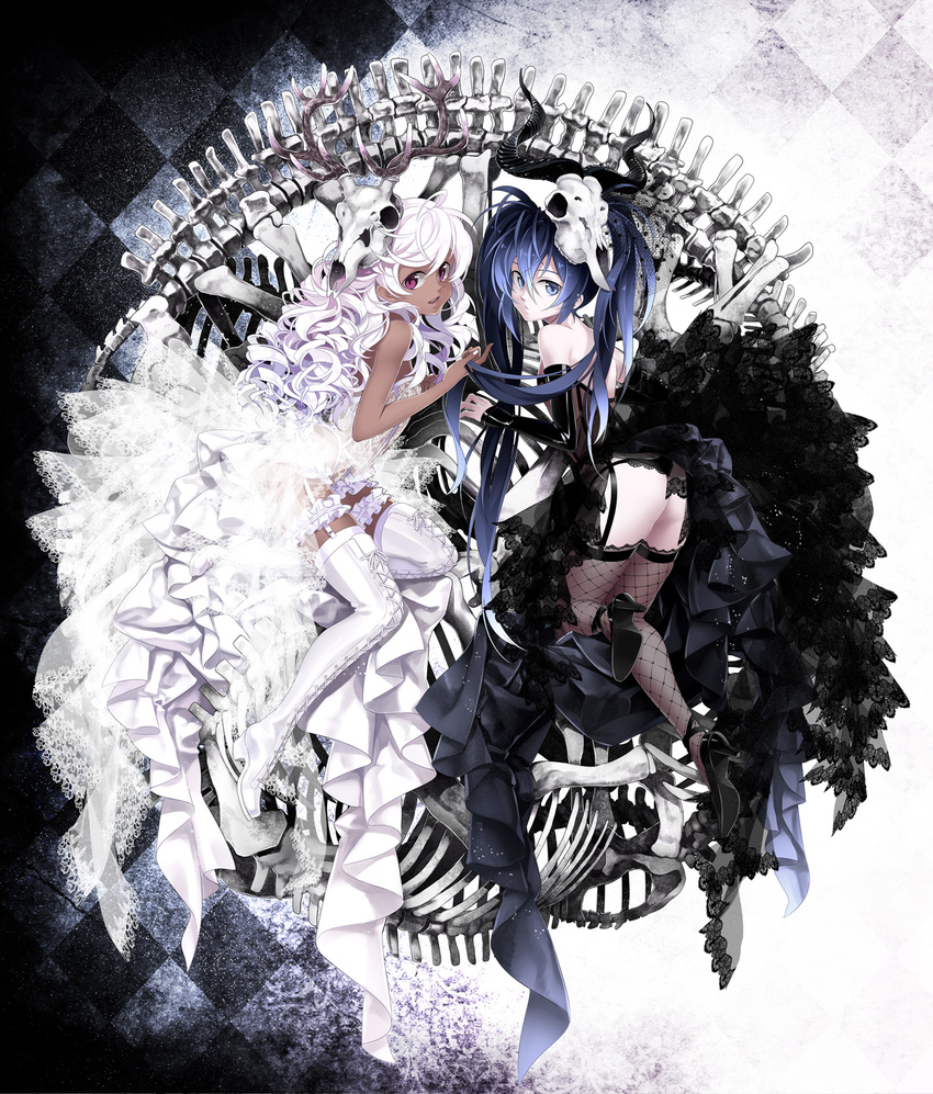 bare_shoulders black black_vs_white blue_eyes blue_hair boots cross-laced_footwear dark_skin fishnet_legwear fishnets high_heels highres lace lace-up_boots md5_mismatch multiple_girls open_mouth original osamu_(jagabata) pink_hair purple_eyes shoes skeleton thigh_boots thighhighs white