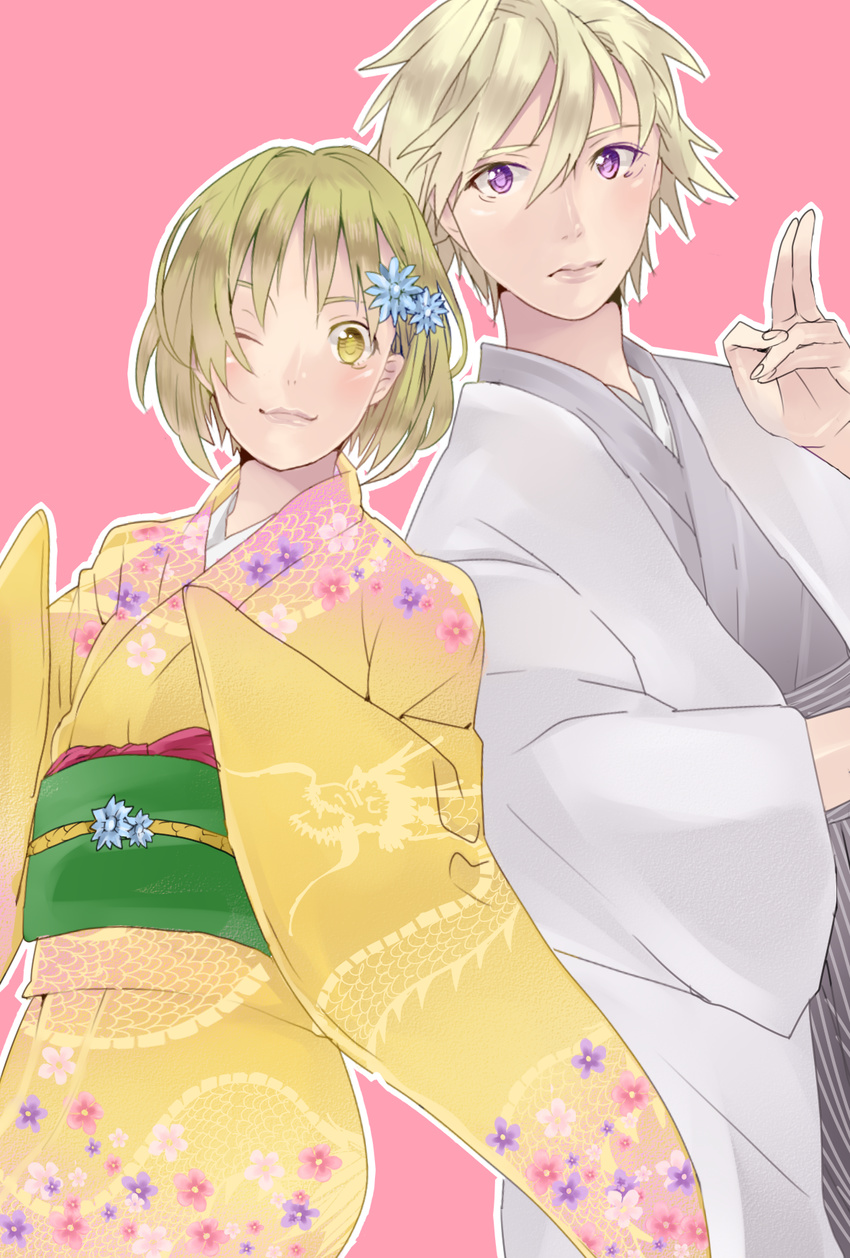 1girl bad_id bad_pixiv_id blonde_hair blush bruce_lee's_jumpsuit floral_print flower hair_ornament hairclip highres huang_baoling ivan_karelin japanese_clothes kimono mrk510 obi one_eye_closed print_kimono purple_eyes sash short_hair tiger_&amp;_bunny v yellow_eyes yellow_kimono yukata