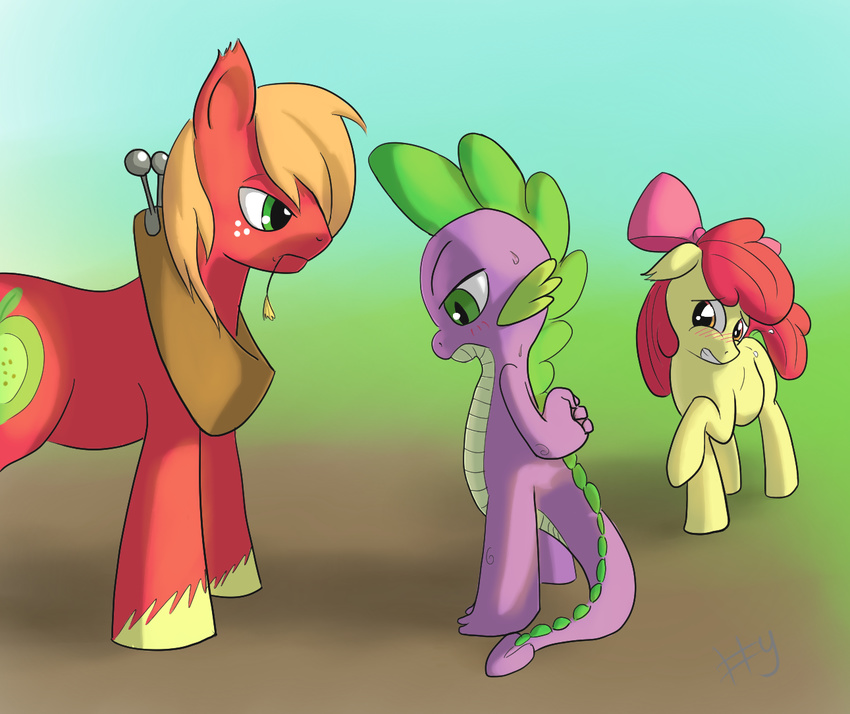 angry apple_bloom_(mlp) applebloom_(mlp) big_macintosh_(mlp) blush cub dragon equine female feral freckles friendship_is_magic fur glare green_eyes group hair hooves horse male mammal my_little_pony orange_eyes outside pony pregnant red_hair scalie sharpy spike_(mlp) wheat yellow_fur young