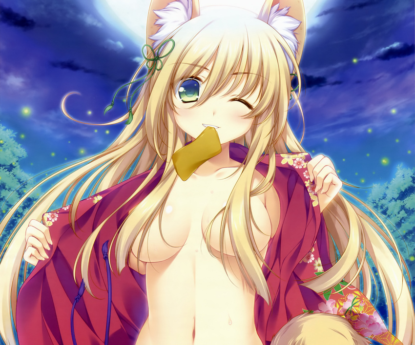 alpha animal_ears foxgirl japanese_clothes kimono no_bra open_shirt tail