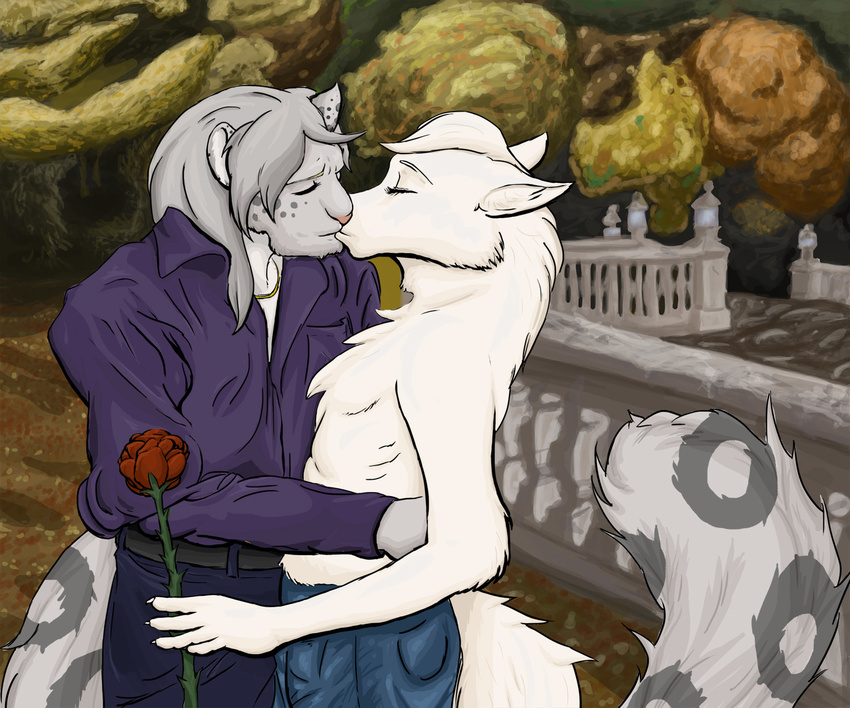 autumn canine clothed clothing duo eyes_closed fall feline flower fur kissing leopard mammal outside passion purplepardus romantic rose snow white white_fur wolf