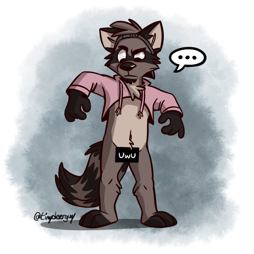 bottomless censored clothed clothing dialogue mammal meme procyonid raccoon tinydeerguy twitter_hoodie