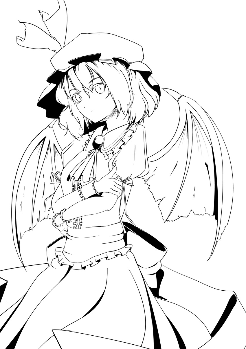 absurdres akasaka_shop bad_id bad_pixiv_id bat_wings crossed_arms greyscale hat highres lineart monochrome remilia_scarlet ribbon short_hair solo touhou wings