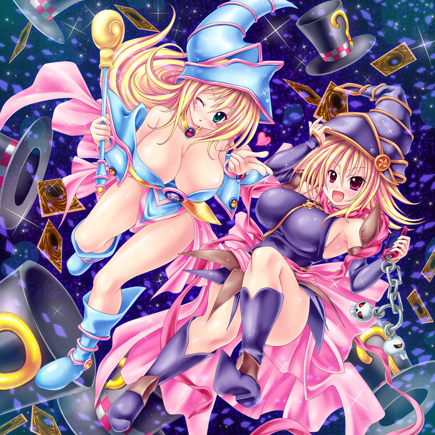 2girls artist_request blonde_hair boots breasts card cards dark_magician_girl duel_monster gagaga_girl green_eyes hat highres jewelry kogarashi_(wind_of_winter) large_breasts long_hair magi_magi_magician_gal multiple_girls necklace red_eyes wizard_hat yu-gi-oh! yuu-gi-ou_duel_monsters