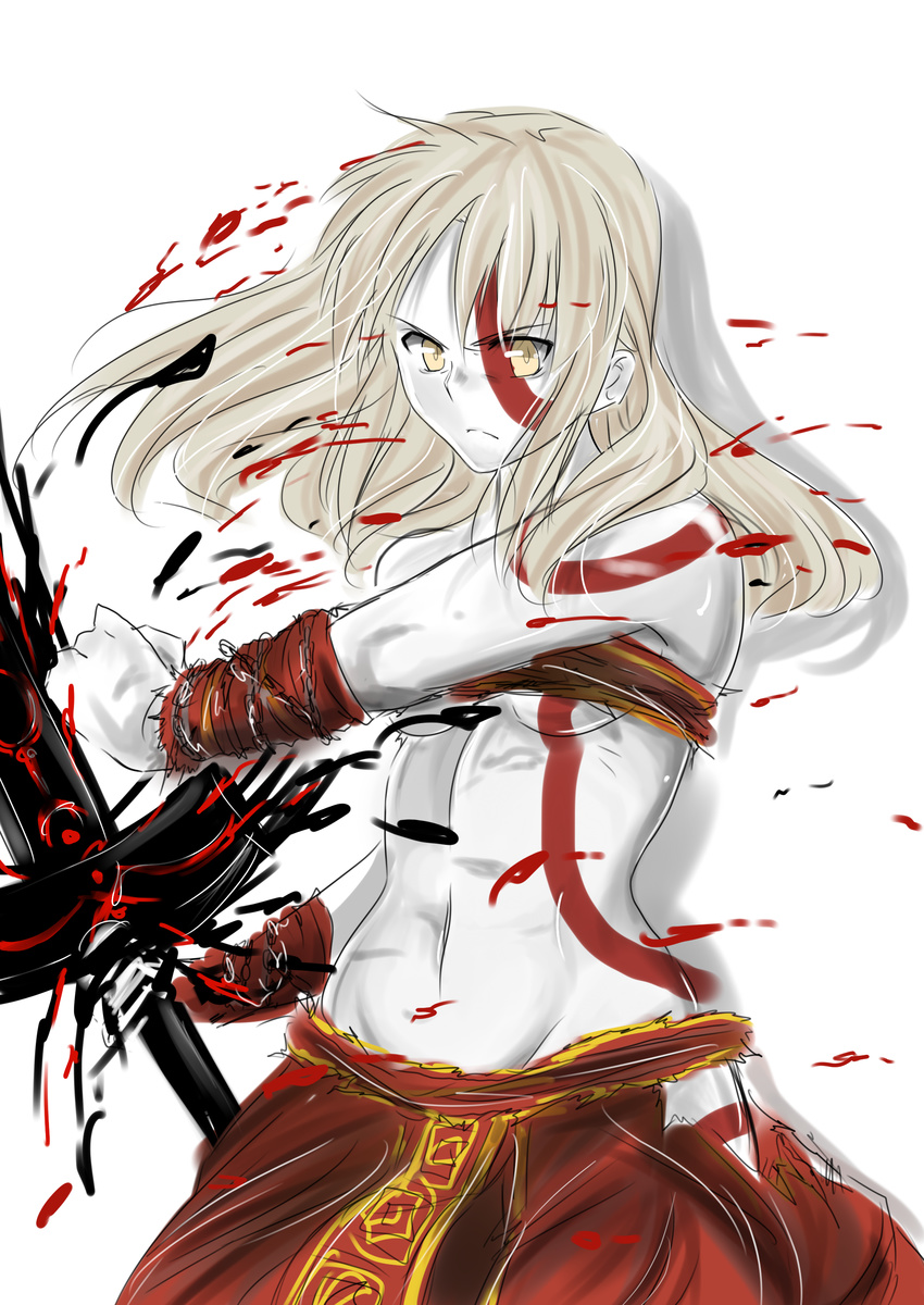 absurdres artoria_pendragon_(all) bodypaint breasts cosplay crossover dark_excalibur fate/stay_night fate_(series) god_of_war groin hair_down highres kratos kratos_(cosplay) long_hair midriff navel saber_alter small_breasts solo tusia underboob white_skin