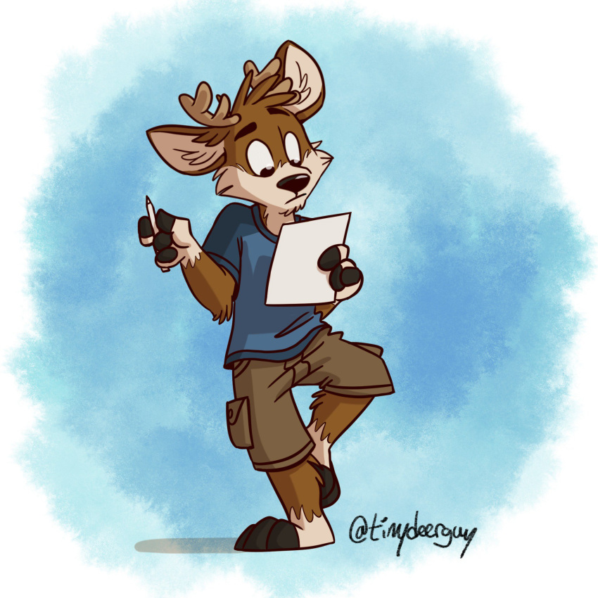 barefoot cervid clothing darwin_(tinydeerguy) mammal on_one_leg paper pen shirt shorts standing t-shirt tinydeerguy