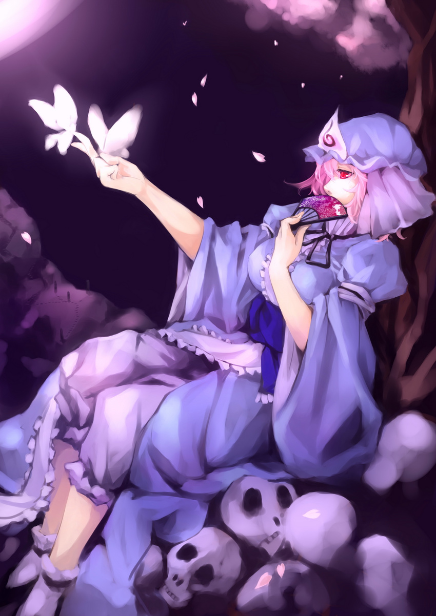 breasts bug butterfly cherry_blossoms fan folding_fan ghost hat highres insect japanese_clothes kalalasan medium_breasts petals pink_hair red_eyes saigyouji_yuyuko saigyouji_yuyuko's_fan_design short_hair sitting skull socks solo touhou tree triangular_headpiece