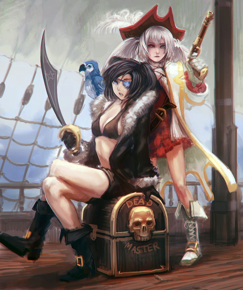 bird black_hair black_rock_shooter black_rock_shooter_(character) black_rock_shooter_(game) boots breasts coat collaboration crossed_legs doyora error eyepatch fur_collar gun handgun hat highres long_hair medium_breasts midriff multiple_girls parrot pirate pirate_hat red_eyes revision riftgarret ship sideboob sitting sword treasure_chest twintails watercraft weapon white_hair white_rock_shooter