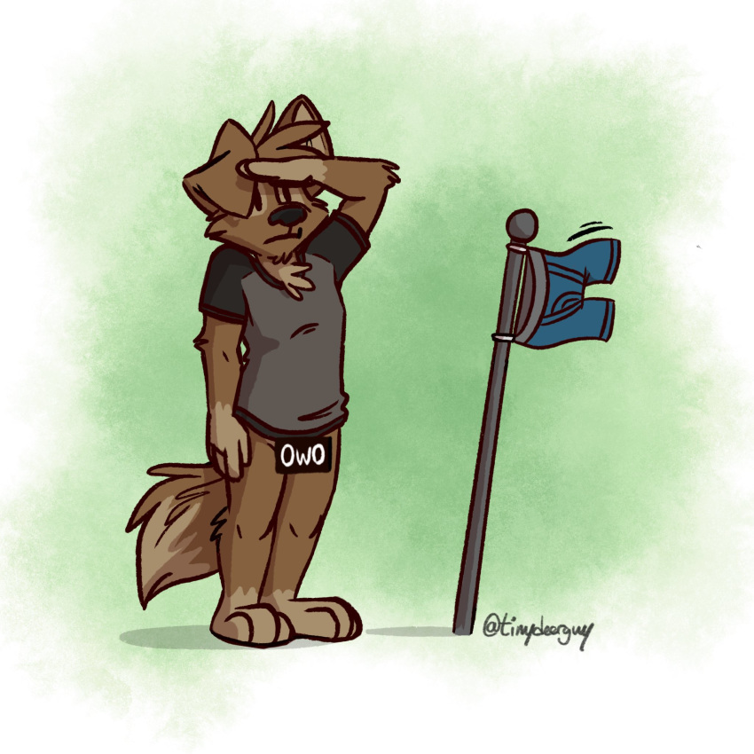 barefoot blue_underwear bottomless boxer_briefs canid canine canis censored clothed clothing domestic_dog gray_shirt male mammal matt_riskely salute salute_your_shorts shirt t-shirt tinydeerguy underwear