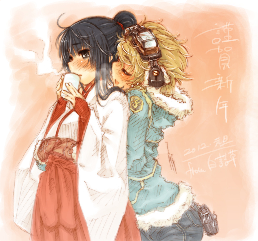 2girls black_hair blonde_hair blush brown_eyes closed_eyes cup denim drinking from_behind goggles goggles_on_head hug hug_from_behind jacket japanese_clothes jeans long_hair miko multiple_girls new_year original pants ryou_(shirotsumesou) short_hair