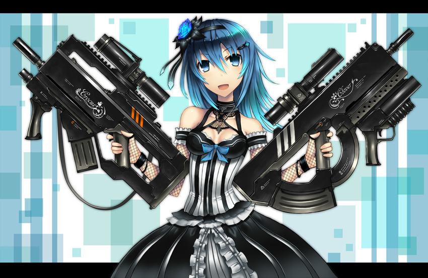 blue_eyes blue_hair bullpup copyright_request dress dual_wielding flower gia grenade_launcher gun hair_ornament highres holding letterboxed open_mouth outside_border scope solo underbarrel_grenade_launcher weapon