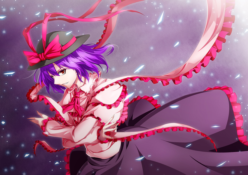 black_dress bow capelet crossed_arms dress dutch_angle frills gradient gradient_background hat hat_bow hat_ribbon long_sleeves looking_at_viewer maruyama_kurehiro nagae_iku open_hand open_mouth purple_background purple_hair red_eyes ribbon shatter shawl short_hair simple_background smile solo touhou