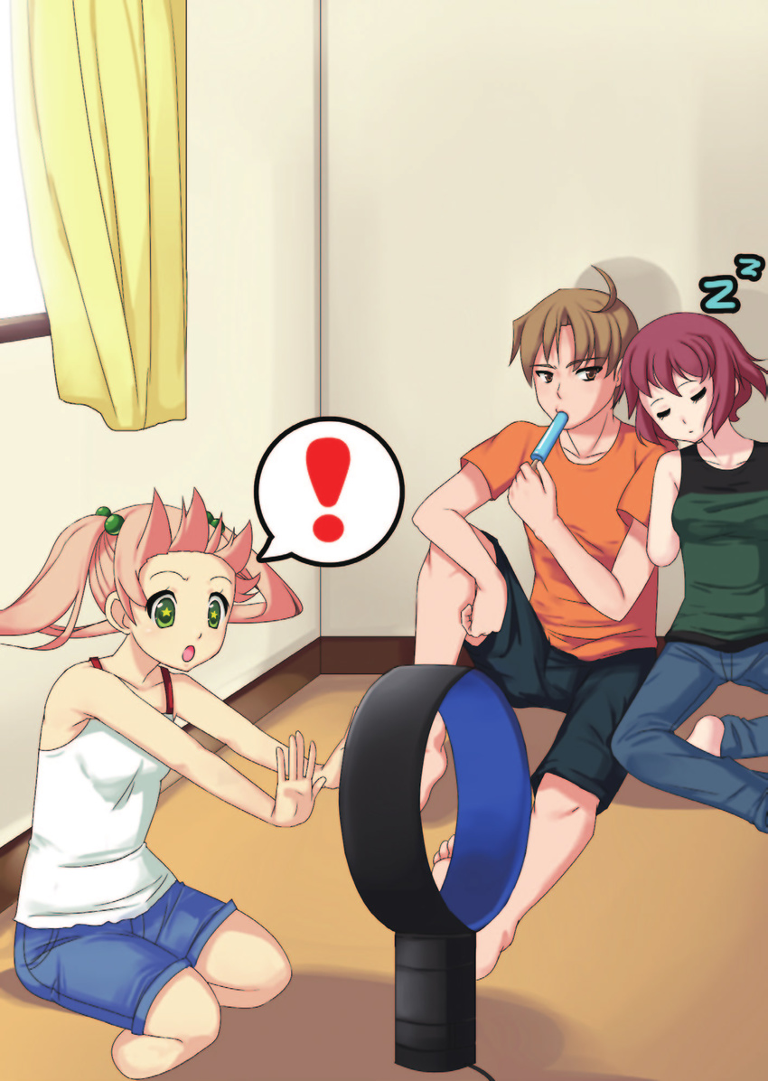 +_+ 1boy 2girls ahoge amputee artbook bad_deviantart_id bad_id bladeless_fan casual closed_eyes commentary denim double_amputee dyson english_commentary highres ibarazaki_emi jeans jpeg_artifacts katawa_shoujo multiple_girls nakai_hisao numbers_(boars) official_art pants pink_hair red_hair shorts sleeping sleeping_upright speech_bubble tank_top tezuka_rin twintails