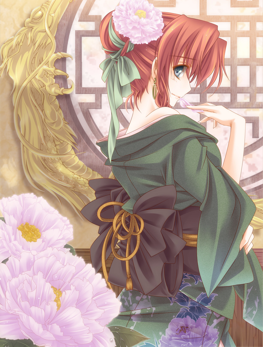 alternate_costume alternate_hairstyle bare_shoulders between_fingers blue_eyes claws dragon earrings eastern_dragon finger_to_mouth floral_print flower from_behind hair_bun hair_flower hair_ornament hair_ribbon highres hong_meiling japanese_clothes jewelry kimono looking_back moneti_(daifuku) mouth_hold obi off_shoulder patterned peony_(flower) petals profile red_hair ribbon round_window sash short_hair smile solo standing tassel touhou wide_sleeves window
