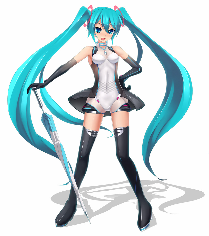aqua_eyes aqua_hair boots closed_umbrella elbow_gloves eto gloves goodsmile_company goodsmile_racing hand_on_hip hatsune_miku highres long_hair open_mouth planted_umbrella race_queen racing_miku racing_miku_(2011) simple_background solo thigh_boots thighhighs twintails umbrella very_long_hair vocaloid white_background