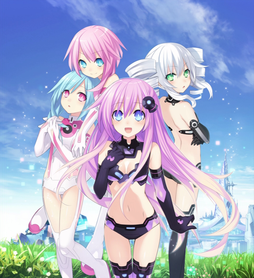 :d :o back bare_shoulders black_gloves black_sister blue_eyes blue_hair blush bodysuit boots breasts building choujigen_game_neptune_mk2 cleavage cleavage_cutout day drill_hair elbow_gloves emblem flower gloves gradient_hair grass green_eyes hair_ornament hand_on_own_chest hands_together highres light_particles long_hair looking_at_viewer looking_back medium_breasts midriff multicolored_hair multiple_girls navel nepgear neptune_(series) official_art open_mouth outdoors pink_eyes pink_hair power_symbol purple_hair purple_sister revealing_clothes small_breasts smile standing symbol-shaped_pupils thigh_gap thighhighs tsunako twin_drills very_long_hair white_gloves white_hair white_sister_ram white_sister_rom