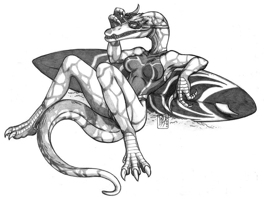 baronyx black_and_white breasts claws dinosaur eyewear female goggles greyscale monochrome one-piece_bikini one-piece_swimsuit predaguy scalie sitting solo surfboard swimsuit tail teeth