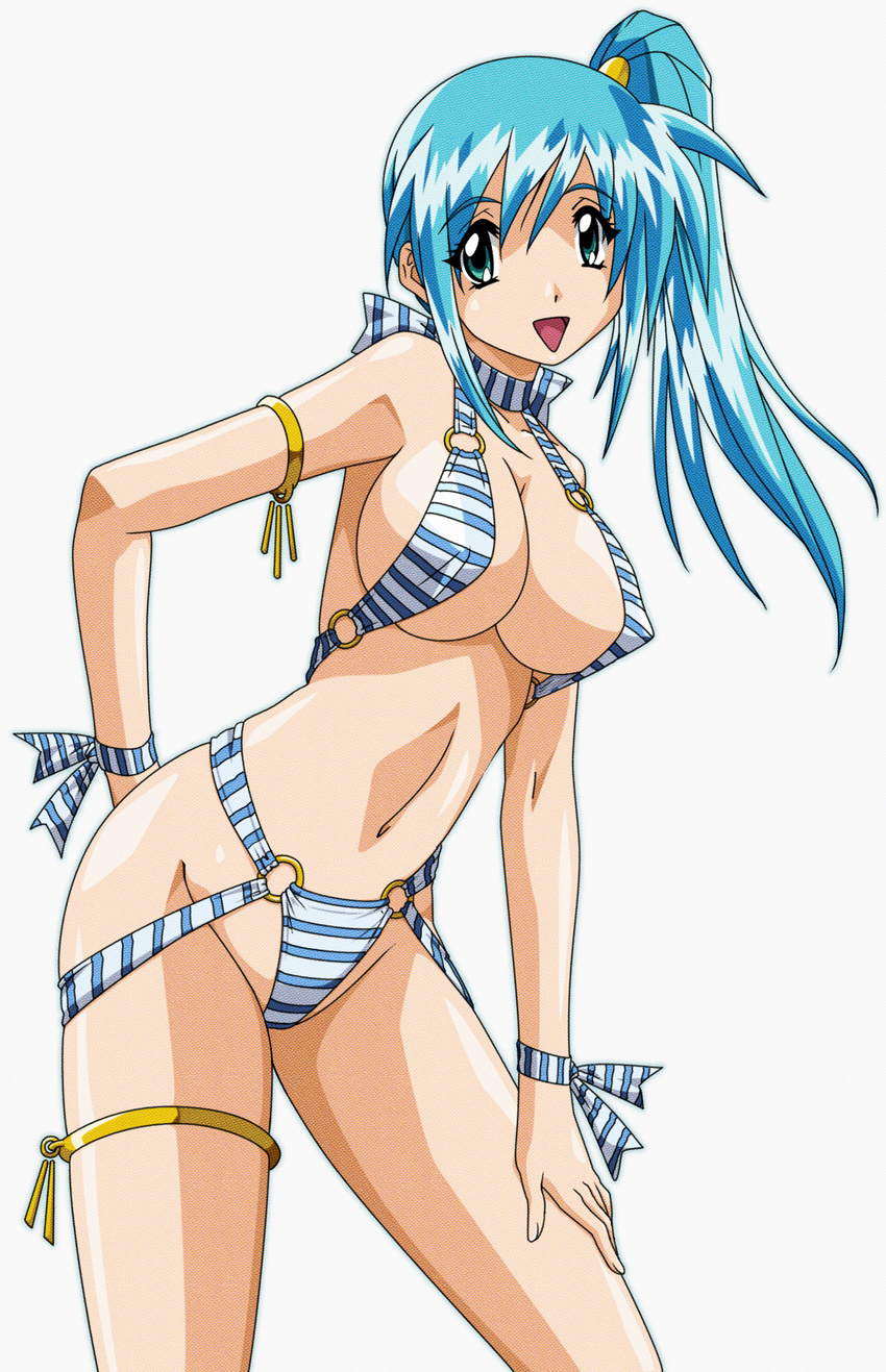 :&gt; artist_request bikini blue_hair breasts covered_nipples divergence_eve highres kureha_misaki large_breasts side_ponytail solo striped striped_bikini striped_swimsuit swimsuit