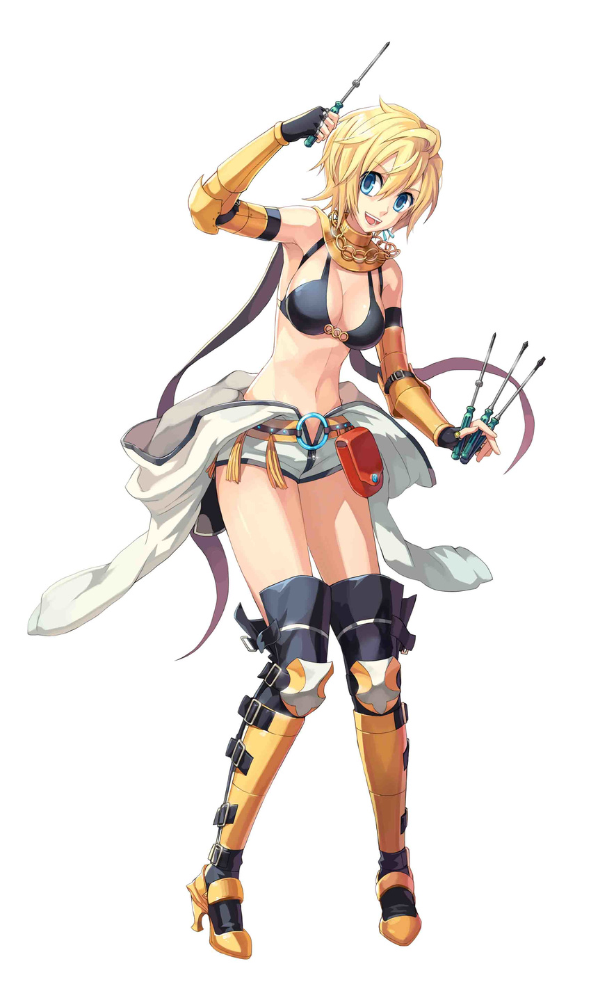 :d absurdres armor bikini_armor boots breasts gauntlets greaves highres leona_(pixiv) mechanic_(ragnarok_online) medium_breasts open_mouth ragnarok_online screwdriver short_hair shorts smile solo thigh_boots thighhighs