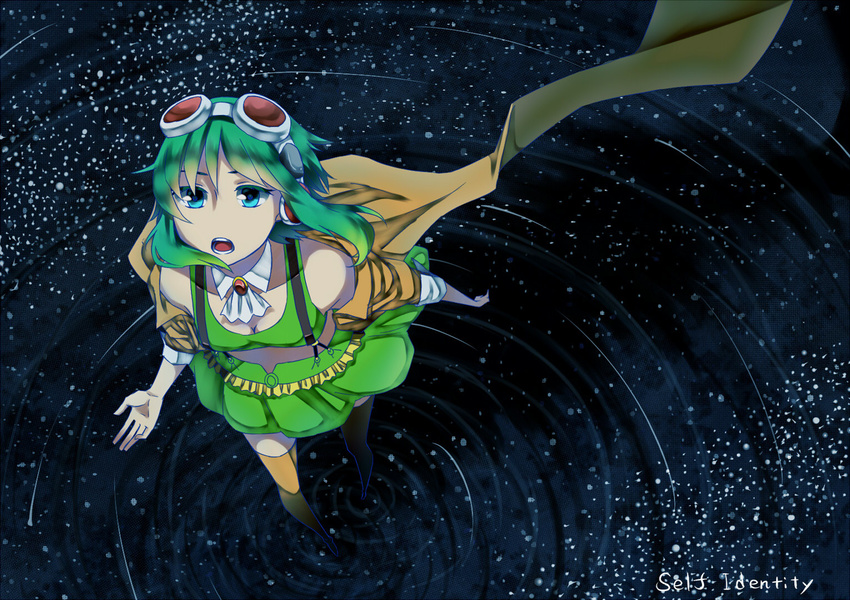 bad_id bad_pixiv_id from_above goggles goggles_on_head green_eyes green_hair gumi headphones megpoid_(vocaloid3) nanase_mizuki open_mouth short_hair skirt solo suspenders thighhighs vocaloid