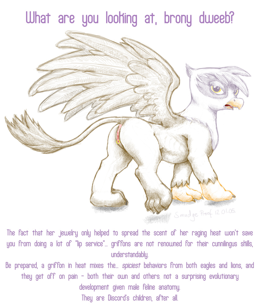 amber_eyes anus avian beak clitoris english_text female feral friendship_is_magic genital_piercing gilda_(mlp) gryphon imminent_rape looking_at_viewer my_little_pony piercing pussy smudge_proof solo tail text wing_boner wings