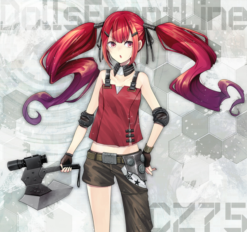1girl asymmetrical_clothes axe bare_shoulders black_gloves breasts collarbone copyright_name cz-75_(girls_frontline) fingerless_gloves girls_frontline gloves hair_ornament hairclip hand_on_hip hiroichi holding holding_axe holding_weapon long_hair red_eyes red_hair sleeveless small_breasts solo twintails very_long_hair weapon