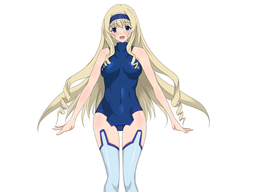 1girl blonde_hair blue_eyes blush breasts cecilia_alcott clothed cyborg_ham cyborg_hum drill_hair female happy infinite_stratos long_hair navel open_mouth simple_background smile solo standing thighhighs