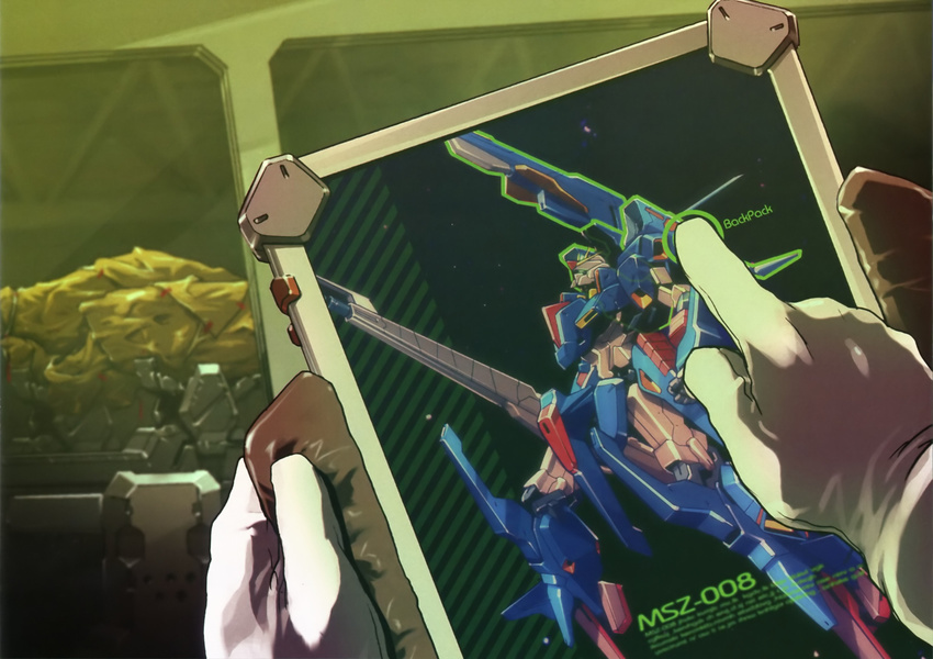 energy_gun gloves gun gundam gundam_zz_side_story:_mirage_of_zeon highres kenki_fujioka mecha tablet_pc weapon white_gloves z_ii_gundam zeta_gundam