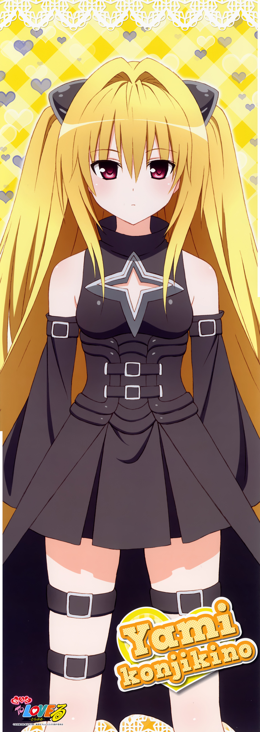 absurdres artist_request blonde_hair breasts detached_sleeves garters hair_ornament highres konjiki_no_yami long_hair long_image red_eyes small_breasts solo stick_poster tall_image thigh_strap to_love-ru two_side_up very_long_hair