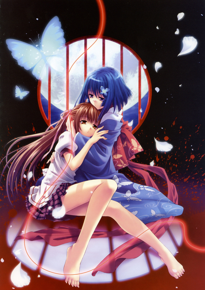 absurdres akai_ito arm_grab bare_legs barefoot blue_hair brown_eyes bug butterfly couple feet hair_ornament hairclip hand_on_head hatou_kei highres hug insect japanese_clothes kimono legs long_hair moon moonlight multiple_girls night official_art petals puffy_sleeves red_string round_window scan scan_artifacts school_uniform short_hair short_sleeves sitting skirt string twintails window yasaka_minato yumei yuri