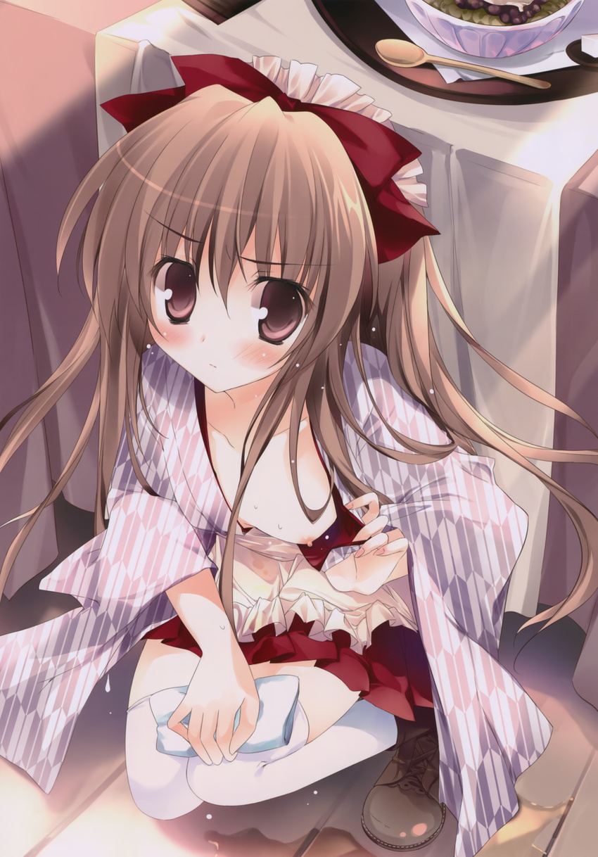 absurdres bashamichi blush boots bow bowl breast_slip breasts brown_eyes brown_hair collarbone food hair_bow highres japanese_clothes karory long_hair looking_up nipples one_breast_out original skirt small_breasts solo spill spoon table tablecloth thighhighs tray wash_cloth water wet white_legwear yagasuri zettai_ryouiki