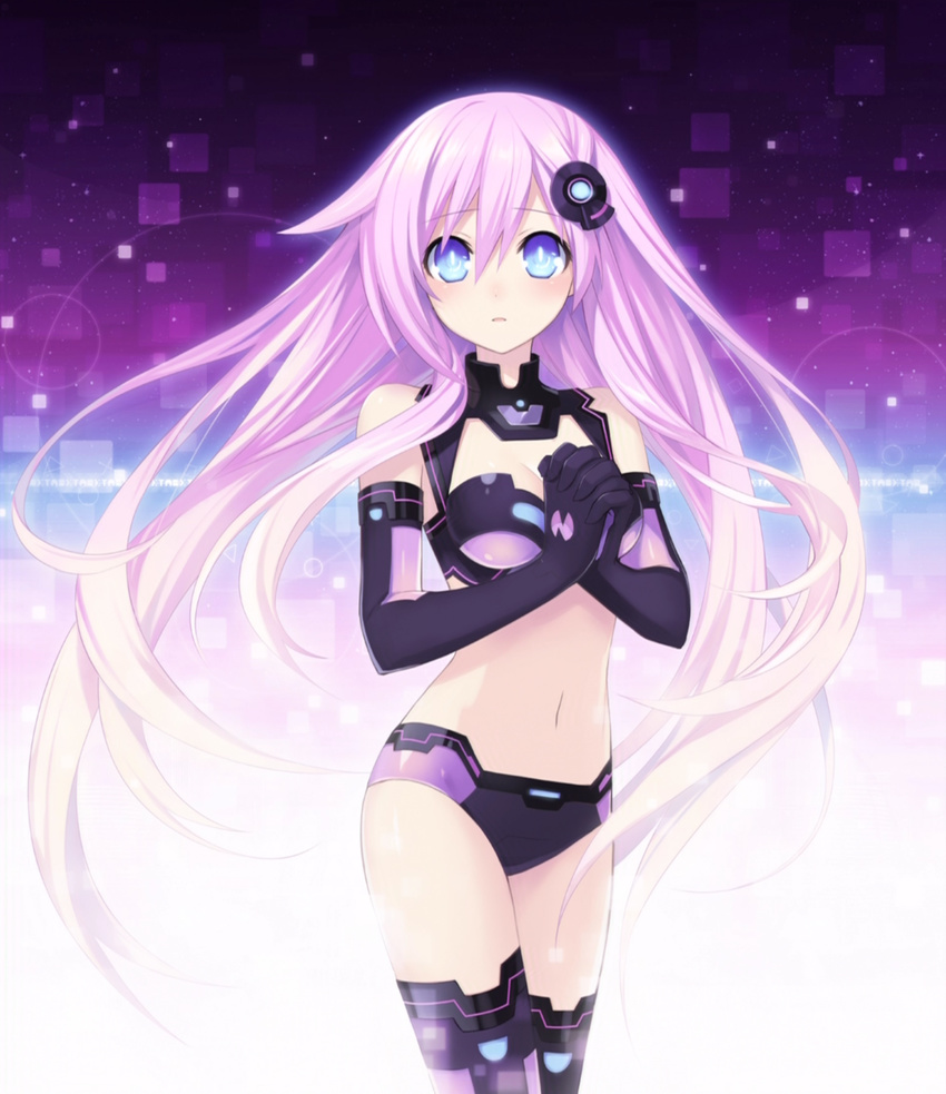 bare_shoulders blue_eyes blush breasts bustier choujigen_game_neptune_mk2 cleavage cleavage_cutout elbow_gloves emblem gloves hair_ornament hands_clasped highres interlocked_fingers long_hair looking_at_viewer medium_breasts midriff navel nepgear neptune_(series) official_art own_hands_together parted_lips power_symbol purple_hair purple_sister shiny solo symbol-shaped_pupils thighhighs tsunako