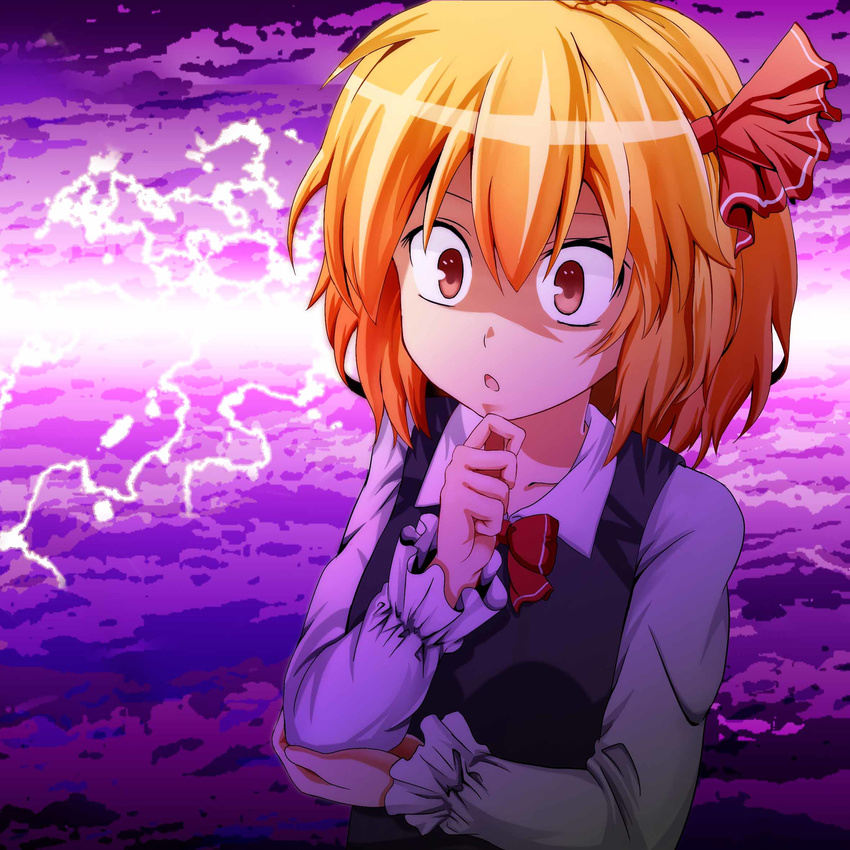 blonde_hair bow bowtie collarbone collared_shirt commentary e.o. electricity frilled_sleeves frills hair_bow hair_ribbon hand_on_own_chin highres jpeg_artifacts long_sleeves open_mouth red_eyes ribbon rumia shirt shocked_eyes solo touhou vest wide-eyed