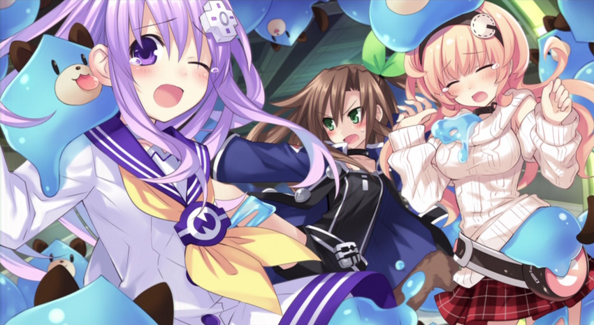 blush bow brown_hair choujigen_game_neptune_mk2 closed_eyes compa dogoo ear_licking ears game_cg green_eyes hair_bow hairband highres if_(choujigen_game_neptune) licking multiple_girls nepgear neptune_(series) official_art one_eye_closed open_mouth pink_hair purple_eyes purple_hair slime source_request sweat tears tongue tsunako wince