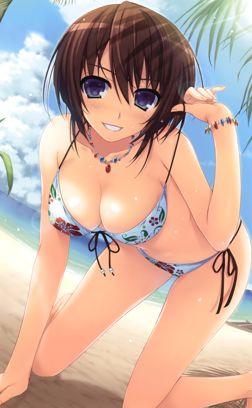 absurdres beach bikini blush bracelet breasts brown_hair cleavage cloud day front-tie_top grin hanging_breasts highres jewelry kneeling koi_de_wa_naku large_breasts lens_flare light_rays makishima_yumi necklace outdoors palm_tree purple_eyes shiny shiny_skin short_hair side-tie_bikini sky smile solo string_bikini sunbeam sunlight swimsuit tomose_shunsaku tree