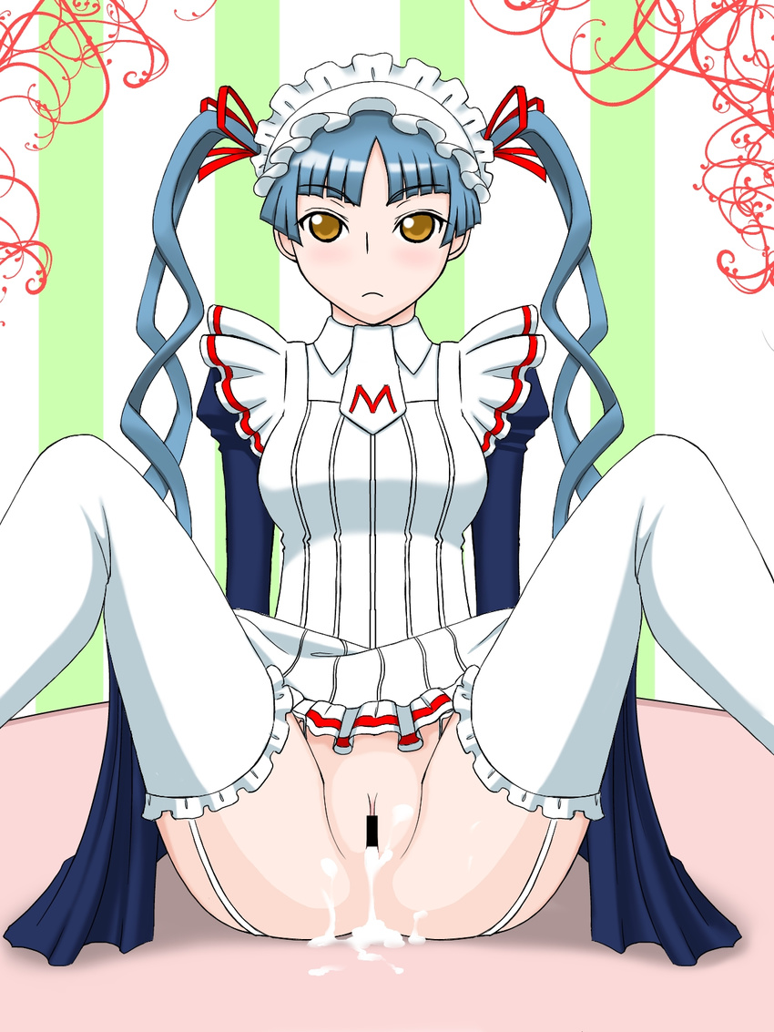 after_sex censored cum cum_in_pussy garter_straps highres kagibane maid maria_holic no_panties shinouji_matsurika solo thighhighs twintails