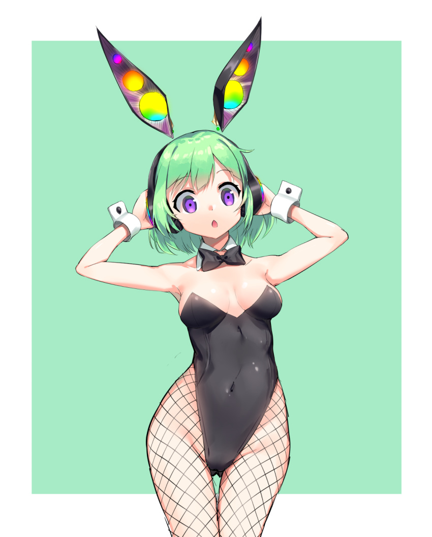 1girl animal_ears aqua_background black_leotard black_neckwear bow bowtie breasts bunny_ear_headphones bunny_ears bunny_girl bunnysuit chestnut_mouth covered_navel cowboy_shot detached_collar fishnet_pantyhose fishnets green_hair hands_on_headphones headphones highres leotard looking_at_viewer original overlord_(overlord80000) pantyhose purple_eyes short_hair simple_background small_breasts solo standing strapless strapless_leotard wrist_cuffs