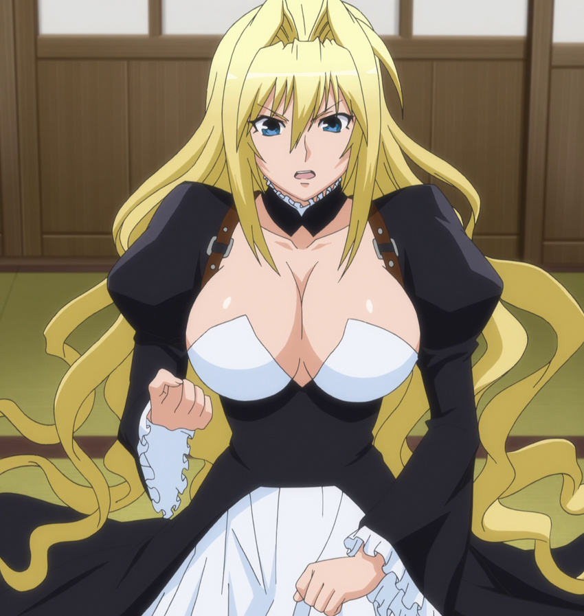 1girl blonde_hair blue_eyes breasts cleavage female girl highres large_breasts long_hair screencap sekirei sitting solo tsukiumi