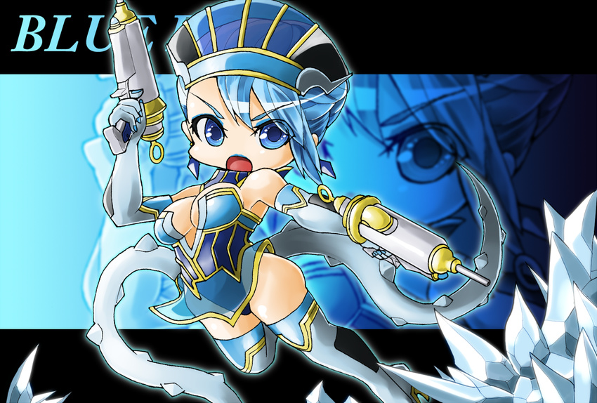 bare_shoulders blue_eyes blue_hair blue_rose_(tiger_&amp;_bunny) boots breasts chibi cleavage crystal crystal_earrings dual_wielding earrings elbow_gloves gloves gun hat holding jewelry karina_lyle letterboxed lipstick makeup memento_vivi short_hair small_breasts solo superhero thigh_boots thighhighs tiger_&amp;_bunny weapon zoom_layer