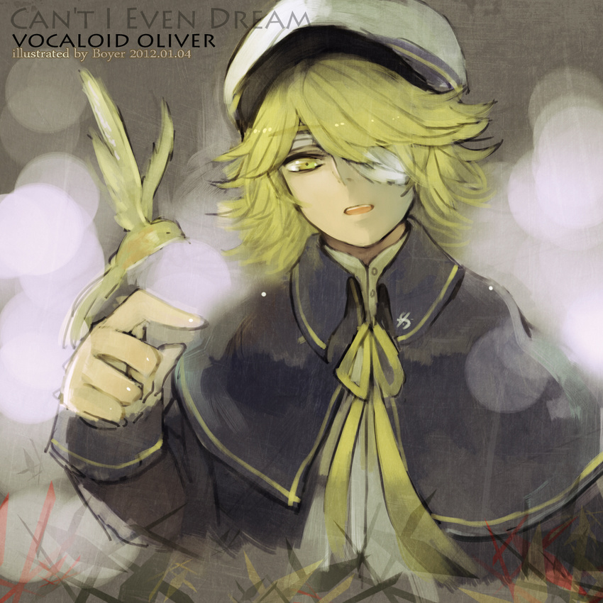 bird blonde_hair blurry bokeh depth_of_field eyepatch hat highres james_(vocaloid) male_focus neikusa oliver_(vocaloid) one_eye_covered open_mouth sailor_hat solo vocaloid yellow_eyes