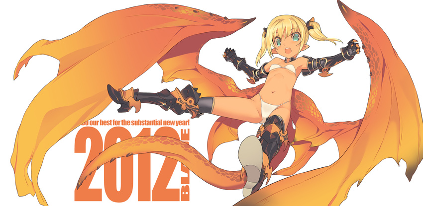 2012 aqua_eyes armpits bad_id bad_pixiv_id bare_shoulders blade_(galaxist) blonde_hair boots bra child dragon_girl dragon_tail dragon_wings engrish flat_chest gauntlets greaves green_eyes lingerie looking_at_viewer low_wings monster_girl navel new_year open_mouth original panties pointy_ears ranguage short_hair solo tail thighhighs twintails underwear underwear_only white_panties wings