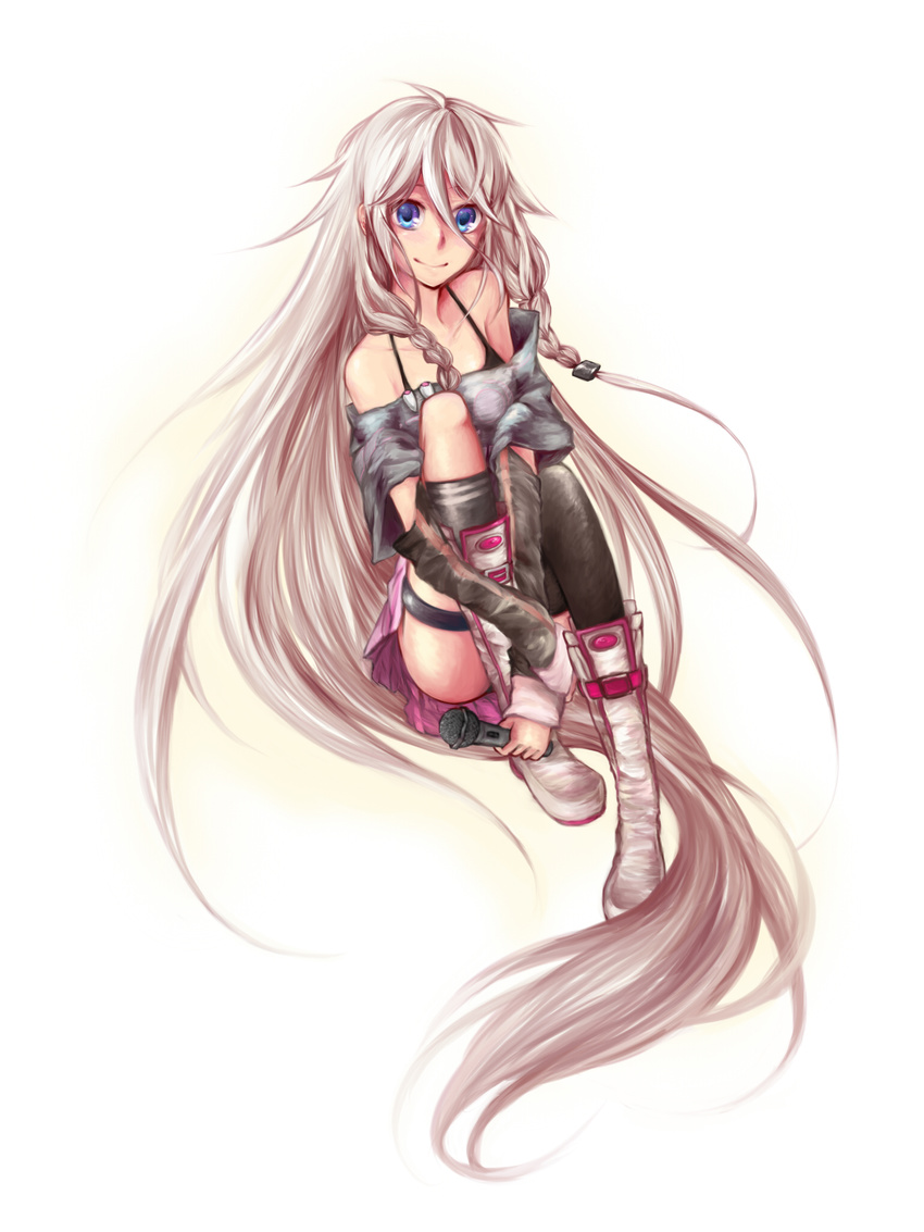 arm_warmers bad_id bad_pixiv_id bare_shoulders blue_eyes boots full_body highres ia_(vocaloid) leg_hug long_hair looking_at_viewer microphone off_shoulder pink_hair simple_background single_thighhigh sitting skirt smile solo thigh_strap thighhighs very_long_hair vocaloid
